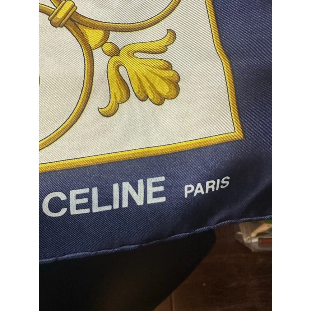 Women's Celine One Size White Navy Blue Carriage Print Silk Scarf